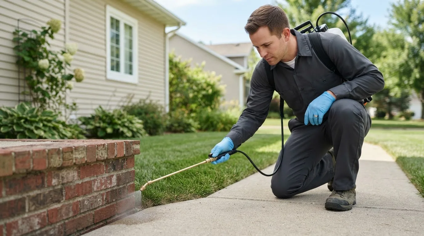 Pest control technician treating a home near Rhineland, MO